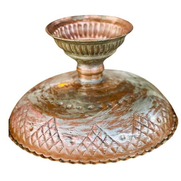 Vintage Handcrafted Copper Brass Pedestal Bowl 10” Wide Engraved Rustic - Picture 4 of 4